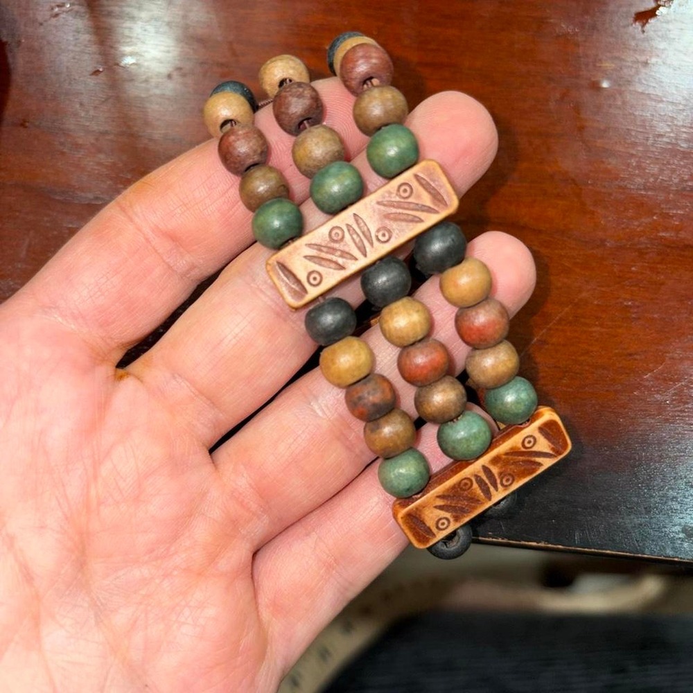 Wood Bead Bracelet Womens OS Multicolor Excellent Boho Tribal 3-Strand